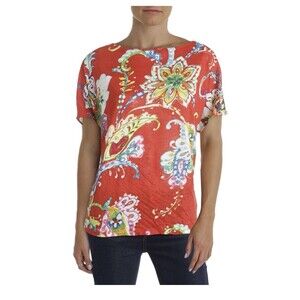 LAUREN RALPH LAUREN RED FLORAL LINEN  TOP BLOUSE SIZE Large $89 Boxy Shirt
